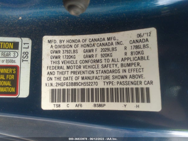 2012 HONDA CIVIC CPE EX VIN: 2HGFG3B89CH552270