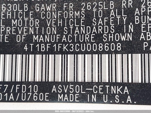 2012 TOYOTA CAMRY LE VIN: 4T1BF1FK3CU008608