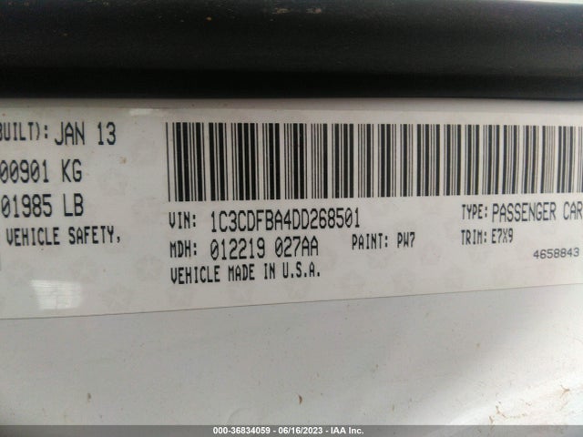 2013 DODGE DART SXT VIN: 1C3CDFBA4DD268501
