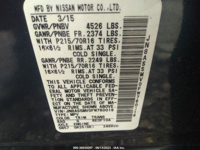 JN8AS5MV0FW760019 Nissan Rogue Select S
