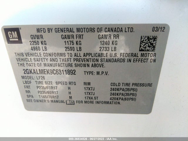 2012 GMC TERRAIN SLE-1 VIN: 2GKALMEK9C6311892