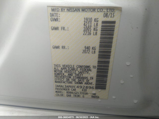 2015 NISSAN ALTIMA 2.5 S VIN: 1N4AL3APXFC492896