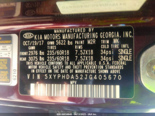 5XYPHDA52JG405670 KIA Sorento 3.3l Ex