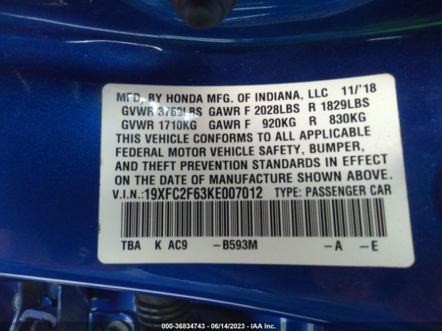 19XFC2F63KE007012 Honda Civic Sedan Lx
