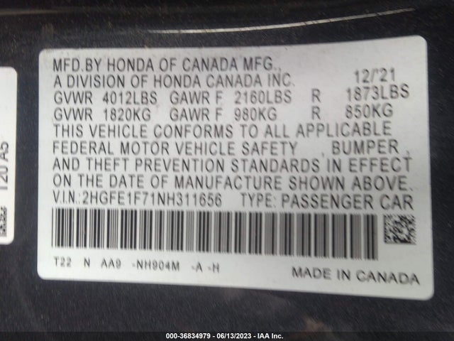 Honda Civic Sedan Ex 2022 2HGFE1F71NH311656 Image 15