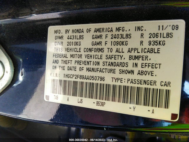 2010 HONDA ACCORD SDN EX-L VIN: 1HGCP2F89AA050796