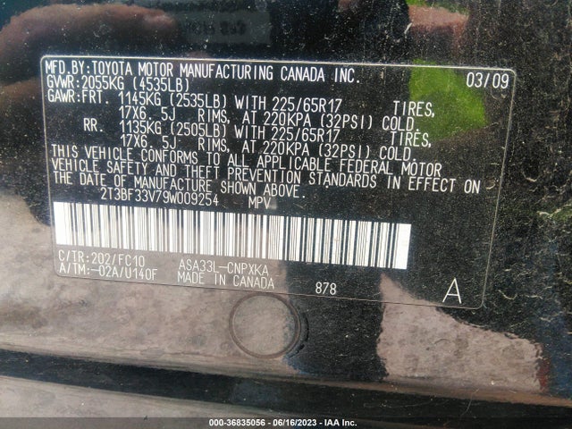 2009 TOYOTA RAV4 VIN: 2T3BF33V79W009254