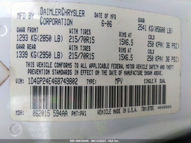2006 DODGE GRAND CARAVAN SE VIN: 1D4GP24E46B749802
