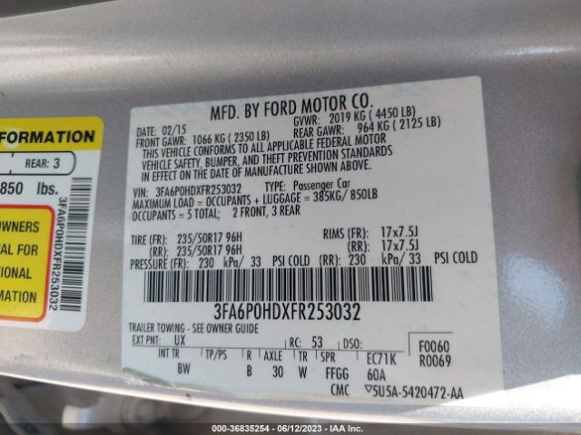 3FA6P0HDXFR253032 Ford FUSION SE