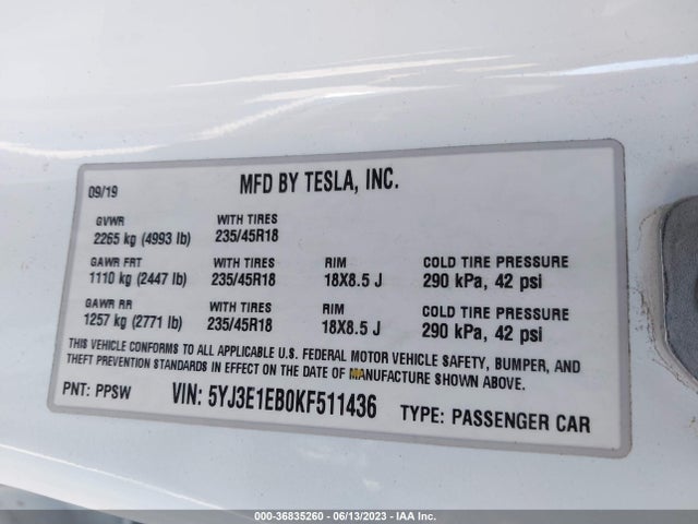 Tesla Model 3 Long Range/performance 2019 5YJ3E1EB0KF511436 Image 9