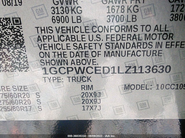2020 CHEVROLET SILVERADO 1500 LT VIN: 1GCPWCED1LZ113630