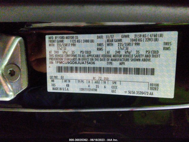 1FMCU9GD8JUA75436 Ford ESCAPE SE