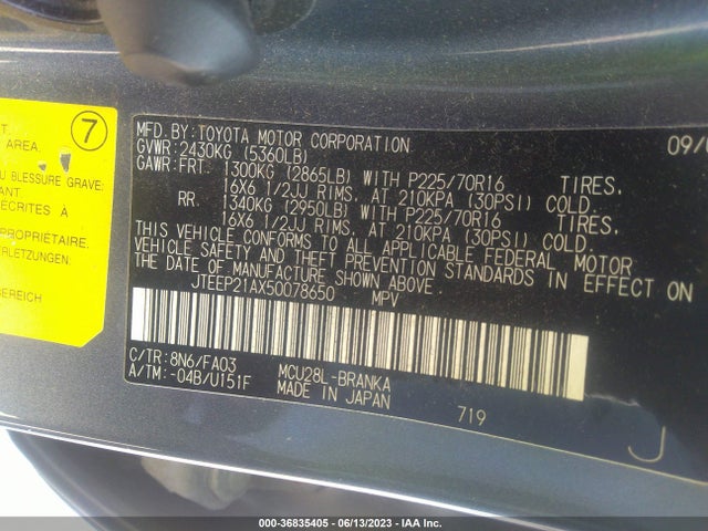 2005 TOYOTA HIGHLANDER VIN: JTEEP21AX50078650