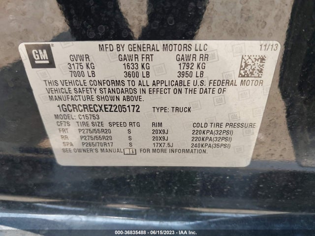 2014 CHEVROLET SILVERADO 1500 LT VIN: 1GCRCRECXEZ205172