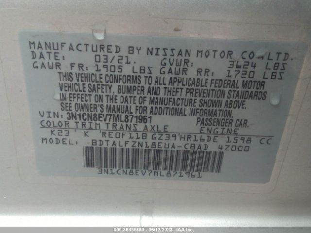 3N1CN8EV7ML871961 Nissan VERSA SV