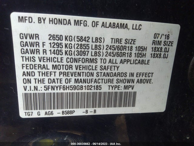 Honda Pilot Ex-l 2016 5FNYF6H59GB102185 Image 9