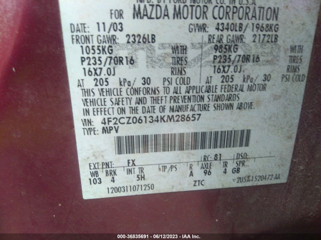 2004 MAZDA TRIBUTE ES VIN: 4F2CZ06134KM28657