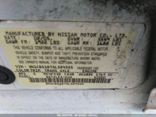2005 NISSAN SENTRA 1.8 S VIN: 3N1CB51D75L524555