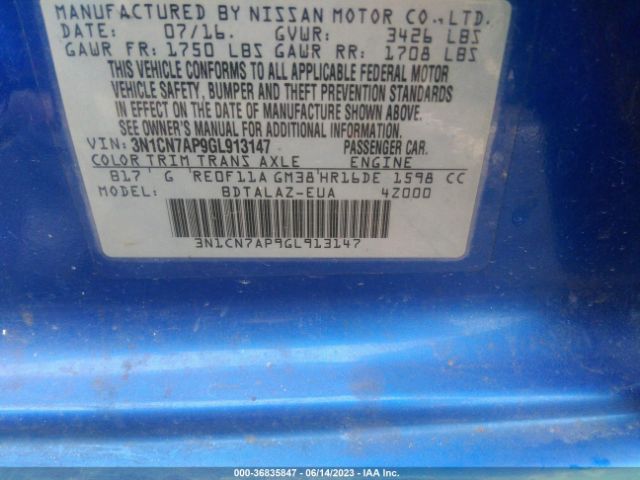 3N1CN7AP9GL913147 Nissan Versa S Plus