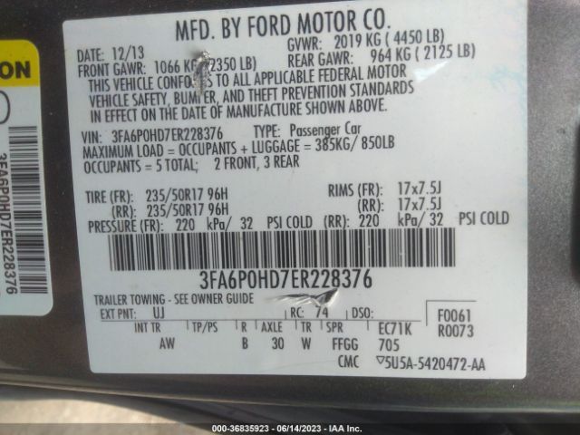 Ford FUSION SE 2014 3FA6P0HD7ER228376 Image 10