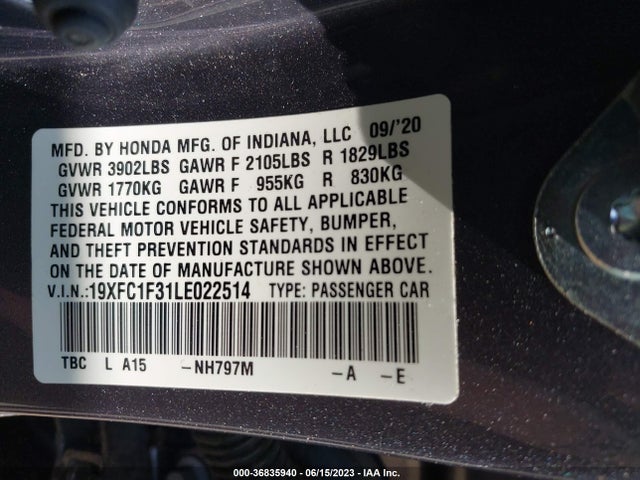 Honda Civic Sedan Ex 2020 19XFC1F31LE022514 Image 9