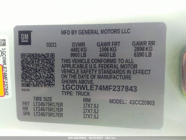 2021 CHEVROLET SILVERADO 2500HD WORK TRUCK VIN: 1GC0WLE74MF237843