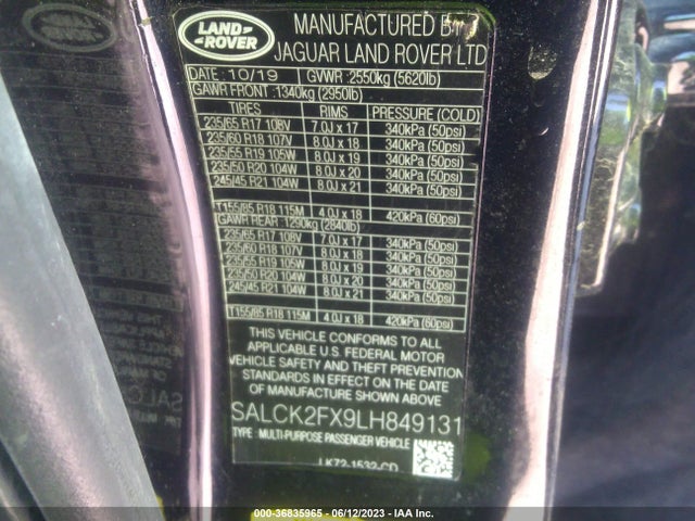 2020 LAND ROVER DISCOVERY SPORT STANDARD VIN: SALCK2FX9LH849131