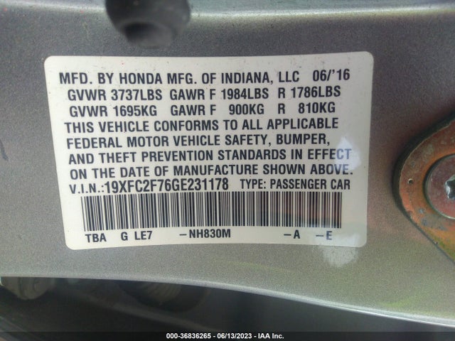 Honda Civic Sedan Ex 2016 19XFC2F76GE231178 Image 9