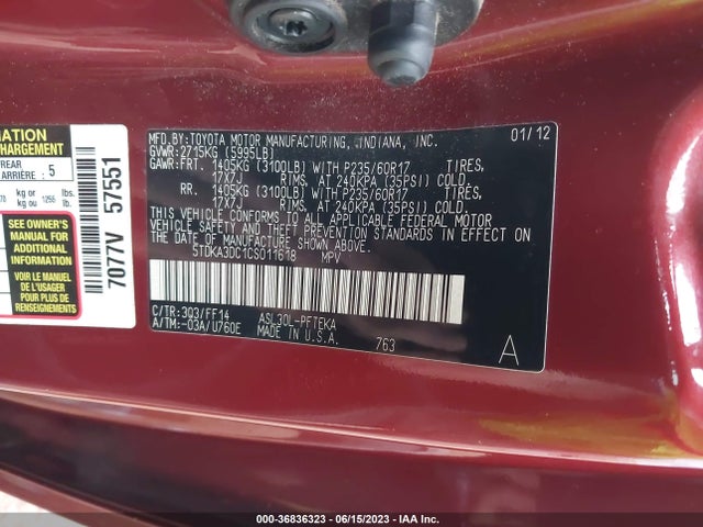 2012 TOYOTA SIENNA VIN: 5TDKA3DC1CS011618