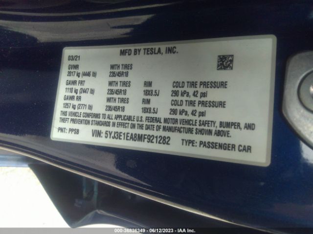 5YJ3E1EA8MF921282 Tesla Model 3 Standard Range Plus