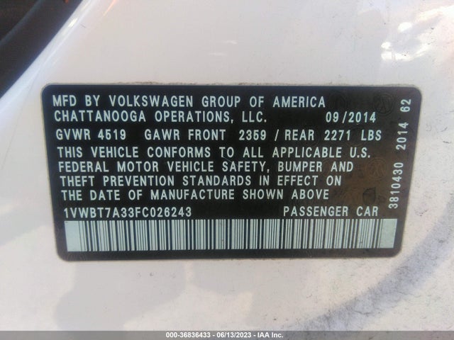 1VWBT7A33FC026243 Volkswagen Passat 1.8t Se