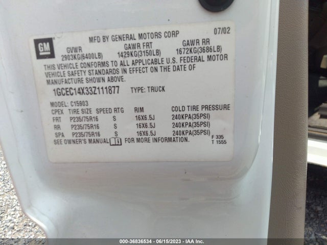2003 CHEVROLET SILVERADO 1500 WORK TRUCK VIN: 1GCEC14X33Z111877