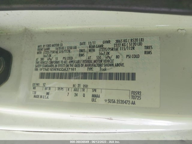 2012 FORD ECONOLINE CARGO VAN COMMERCIAL/RECREATIONAL VIN: 1FTNE1EWXCDA37161