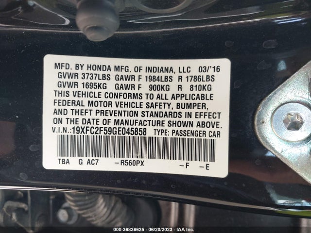 Honda Civic Sedan Lx 2016 19XFC2F59GE045858 Image 9