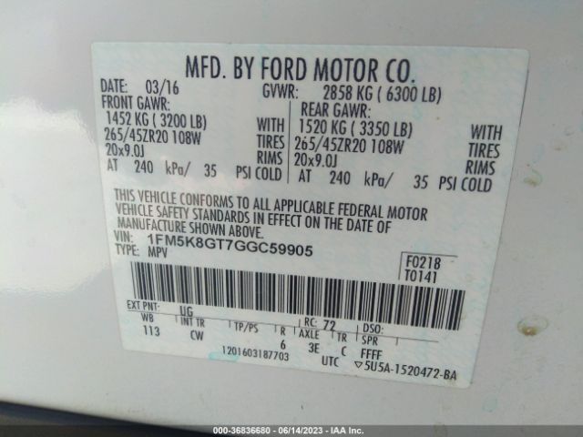 1FM5K8GT7GGC59905 Ford EXPLORER SPORT