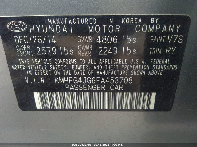 Hyundai AZERA 2015 KMHFG4JG6FA453708 Image 10
