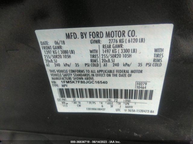 1FM5K7F80JGC16540 Ford Explorer Limited