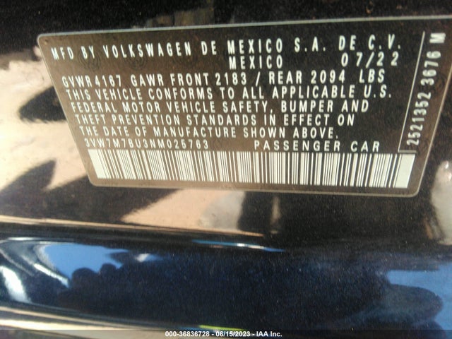 3VW7M7BU3NM025763 Volkswagen JETTA SE