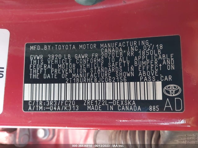 Toyota COROLLA SE 2018 2T1BURHE8JC062156 Image 9