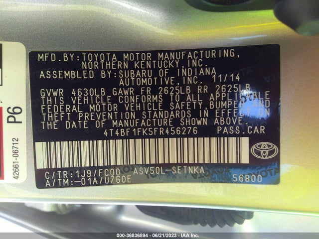 2015 TOYOTA CAMRY LE VIN: 4T4BF1FK5FR456276