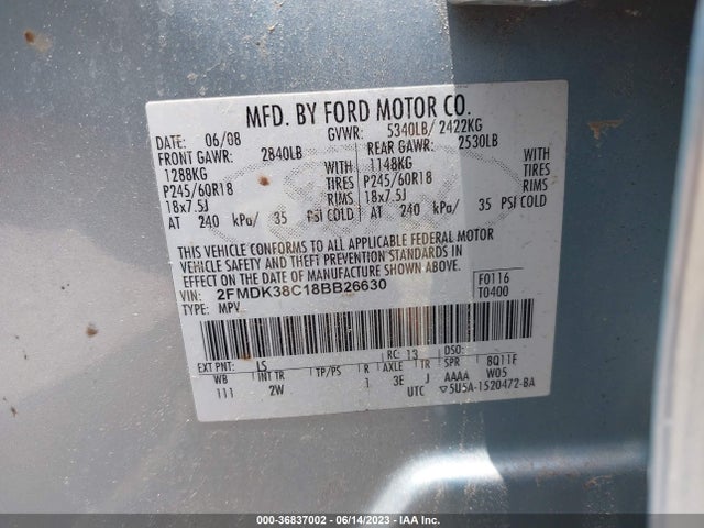 2008 FORD EDGE SEL VIN: 2FMDK38C18BB26630