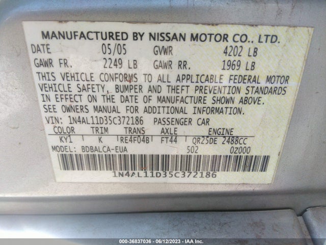 2005 NISSAN ALTIMA 2.5 S VIN: 1N4AL11D35C372186