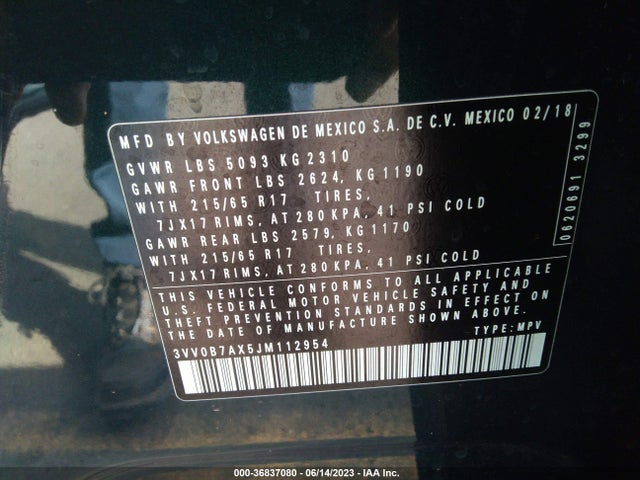 3VV0B7AX5JM112954 Volkswagen TIGUAN S