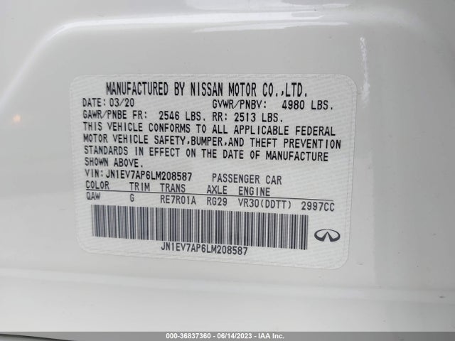 2020 INFINITI Q50 3.0T LUXE VIN: JN1EV7AP6LM208587