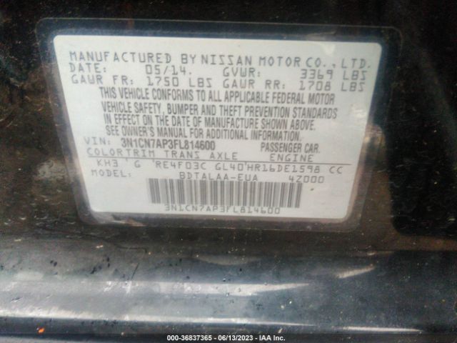 3N1CN7AP3FL814600 Nissan Versa S/s Plus/sl/sv