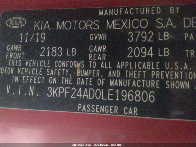 3KPF24AD0LE196806 KIA Forte Lxs