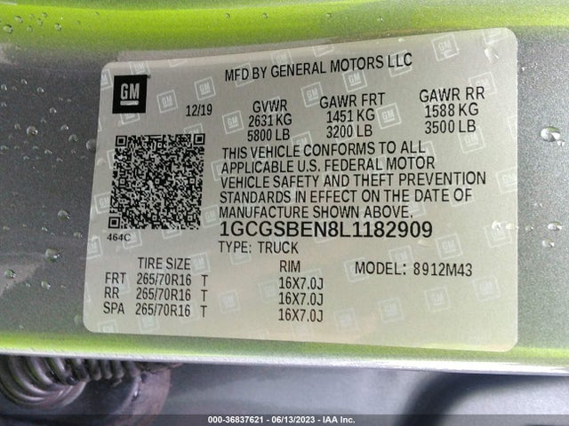 2020 CHEVROLET COLORADO 2WD WORK TRUCK VIN: 1GCGSBEN8L1182909