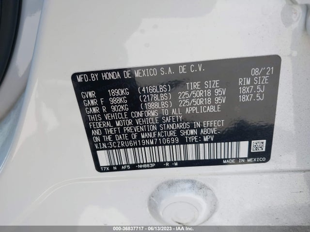 36837717 :رقم المزاد ، 3CZRU6H19NM710699 vin ، 2022 Honda Hr-v Sport مزاد بيع