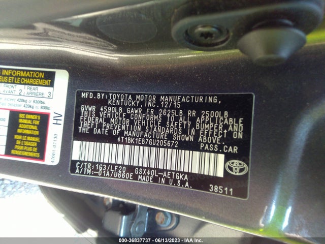 2016 TOYOTA AVALON LIMITED/TOURING/XLE VIN: 4T1BK1EB7GU205672