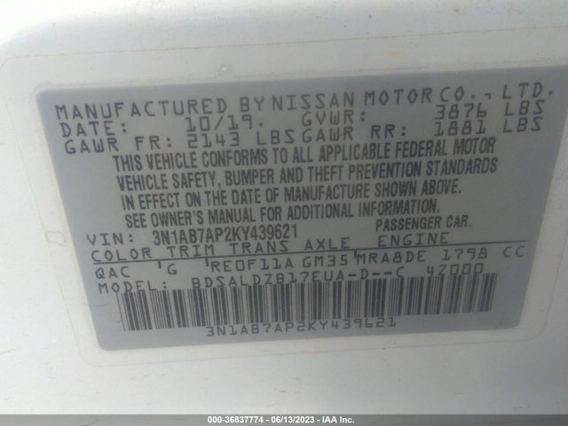 2019 NISSAN SENTRA SV VIN: 3N1AB7AP2KY439621